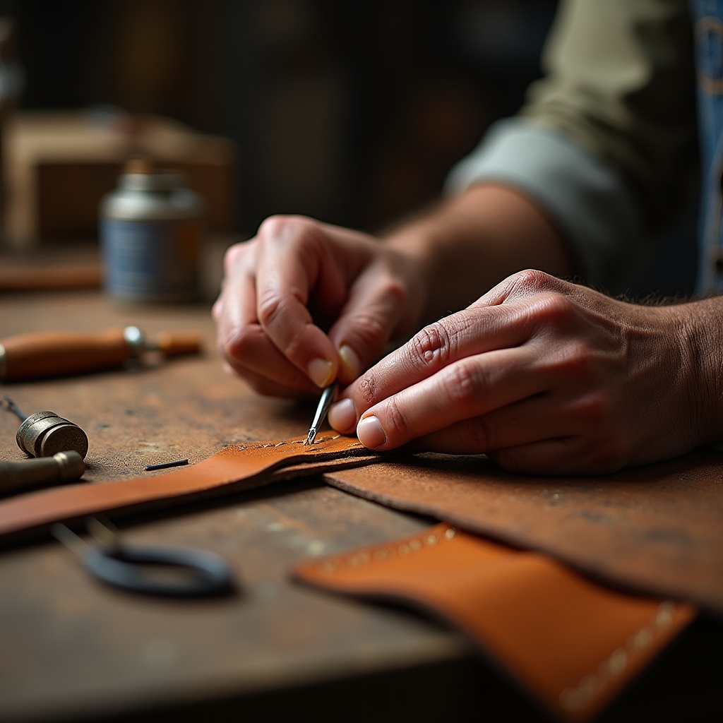 Mani di un artigiano che cuciono a mano una cintura in cuoio