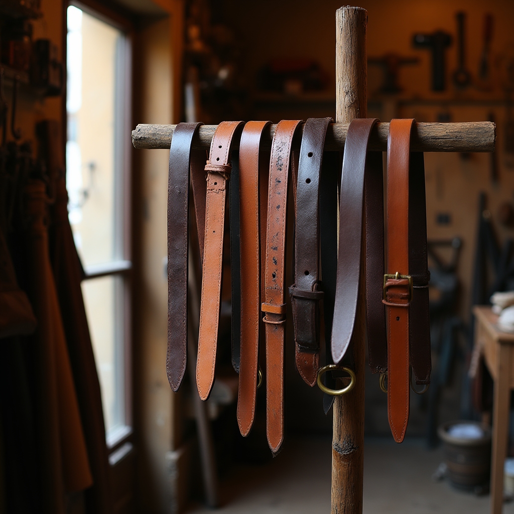 Cinture in cuoio appese in ordine su espositore da bottega