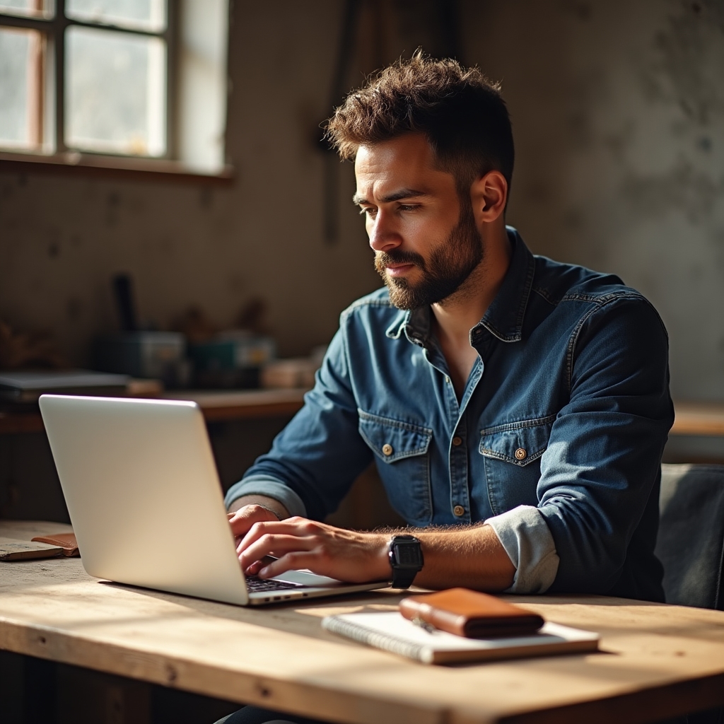 Artigiano al computer mentre compila una scheda prodotto per un marketplace