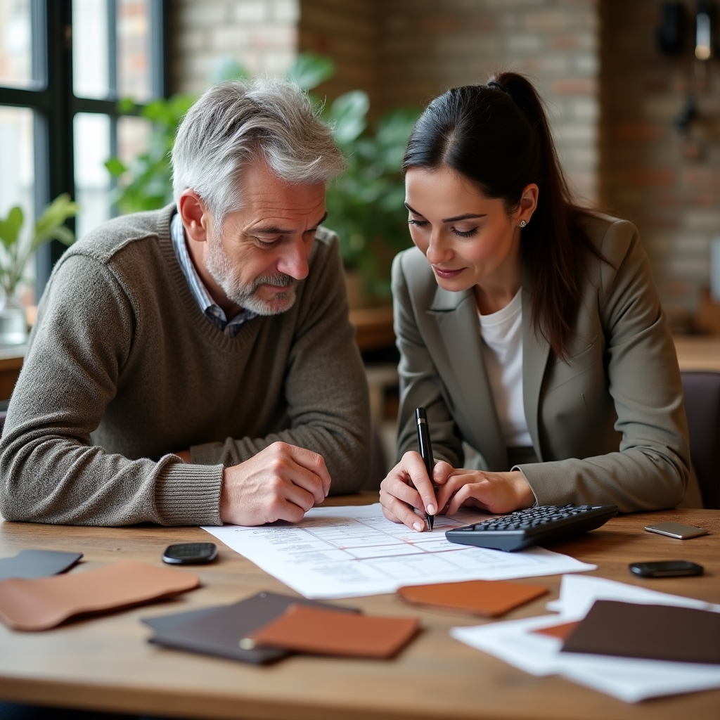 Consulenza sul prezzo con campioni di pelle e foglio di calcolo dei costi
