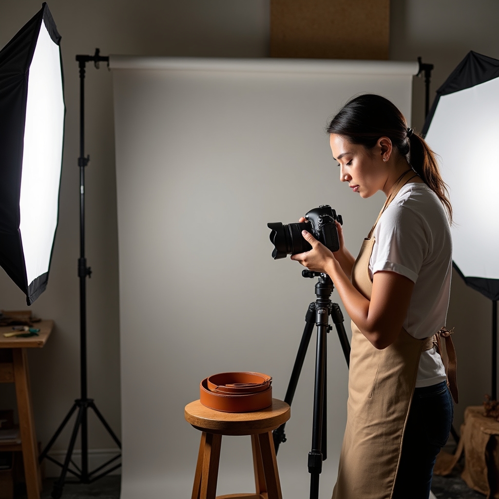 Set fotografico con cintura in cuoio su fondo neutro e luce diffusa
