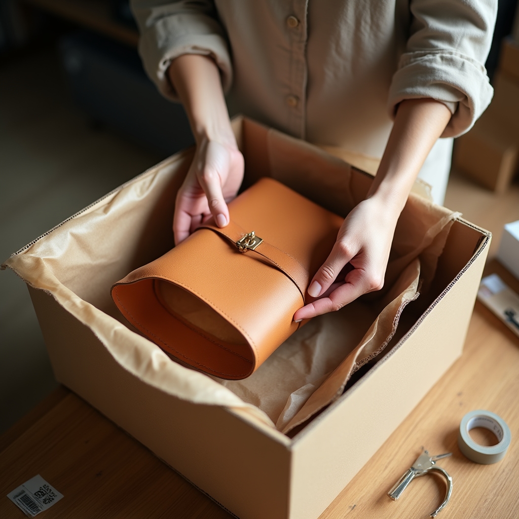 Confezione imbottita per la spedizione di una borsa in pelle
